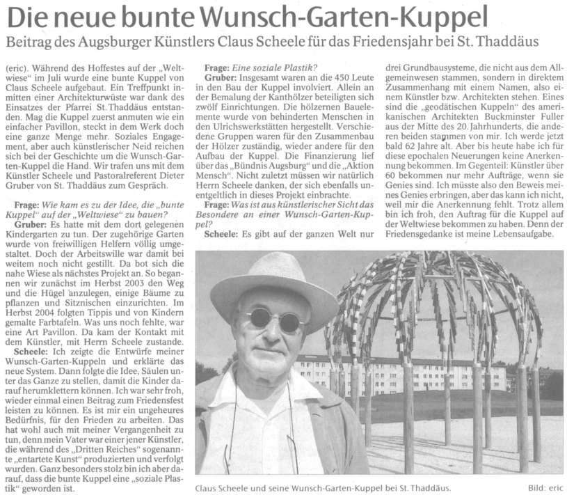 "The Multicolored Cupola" Sozialplastik 2005 Weltwiese Augsburg Press Augsburger Allgemeine Zeitung 8-27 2005